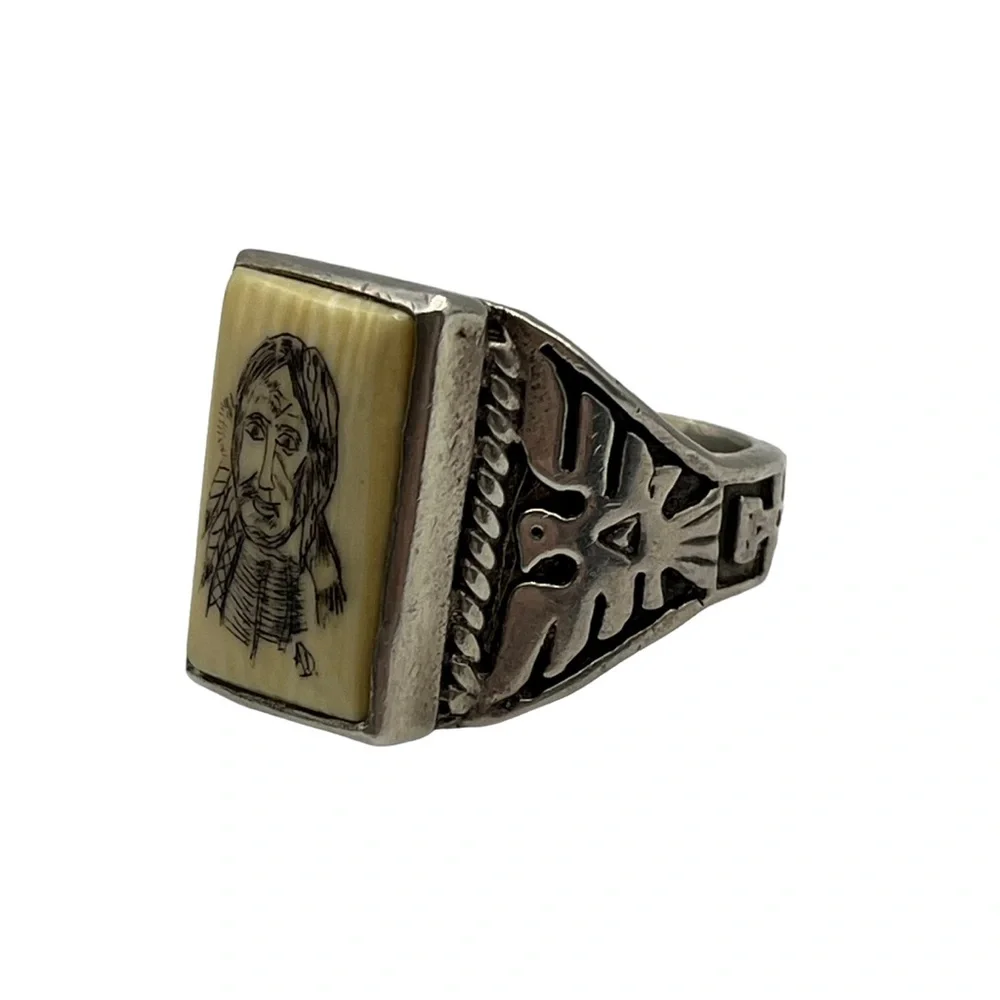 Fred Harvey Southwest Native American Thunderbird Carved Chief Silver Ring 9.5 - Picture 4 of 9